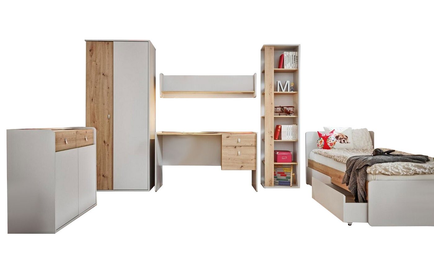 JVmoebel Jugendzimmer-Set Set Schlafzimmer Möbel Kleiderschrank Design Komplett Neu, (6-St., Bett /Kleiderschrank/Regal/Bücherregal/Schreibtisch /Kommode), Made in Europa von JVmoebel