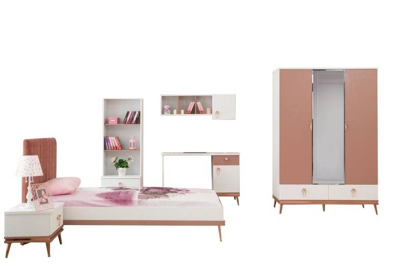 JVmoebel Jugendzimmer-Set Stilvolle Mädchenzimmer Möbel Luxus Einzelbett Schrank Schreibtisch, (6-tlg., Kinderbett/Nachttisch/Kleiderschrank/Bücherschrank/Schreibtisch/Regal), Made in Europa von JVmoebel