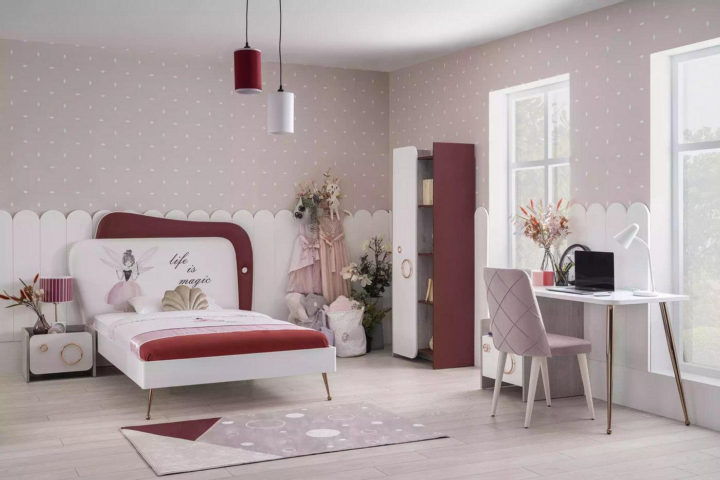 JVmoebel Jugendzimmer-Set Stylisches Kinderzimmer-Set: Holzbett, Nachttisch, Schreibtisch, Regal, (4-tlg., Nur Bett + Nachttisch + Schreibtisch + Bücherregal), Made in Europa von JVmoebel