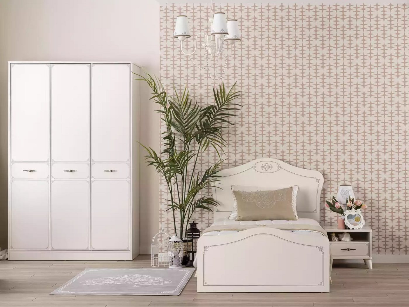 JVmoebel Jugendzimmer-Set Vielseitiges Jugendbett Set 3-teilig aus Holz in Weiss, (3-tlg., Bett + Nachttisch + Kleiderschrank), Made in Europa von JVmoebel