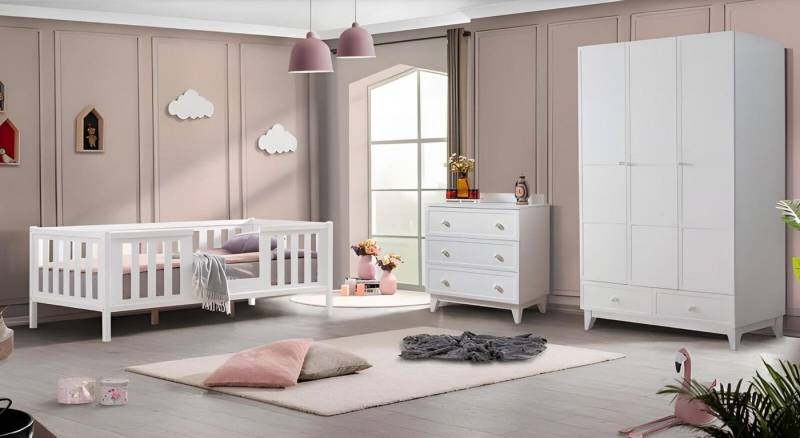 JVmoebel Jugendzimmer-Set Weiß Kinderzimmer 2tlg Bett Kleiderschrank Möbel Jugendzimmer, (2-tlg., Bett + Kleiderschrank), Made in Europa von JVmoebel