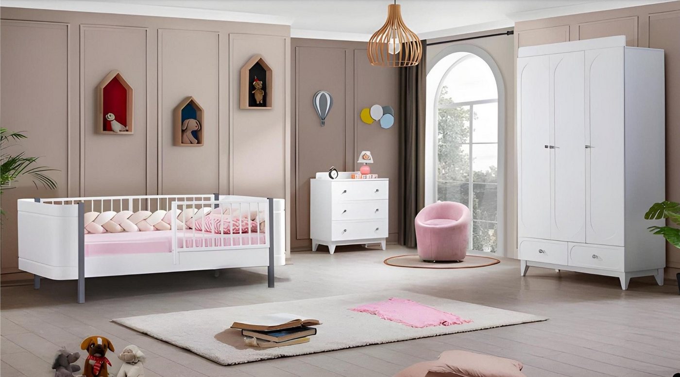 JVmoebel Babymöbel-Set Weiß Kinderzimmer Kinderbett Möbel Set Kommode Kleiderschrank Holz, (3-tlg., Kinderbett + Kommode + Kleiderschrank), Made in Europa von JVmoebel