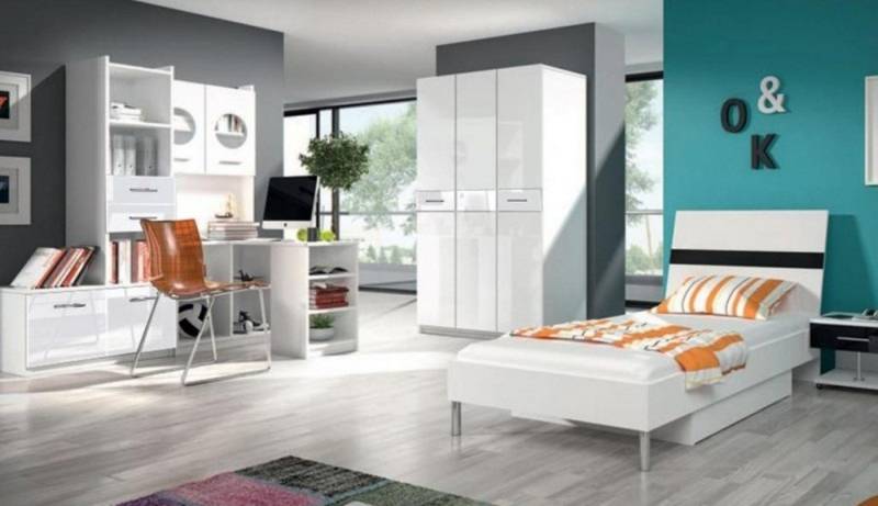JVmoebel Jugendzimmer-Set Weißes Kinderzimmer Set Schrank Kommode Tisch Holz Hochglanz 5tlg., Made in Europa von JVmoebel