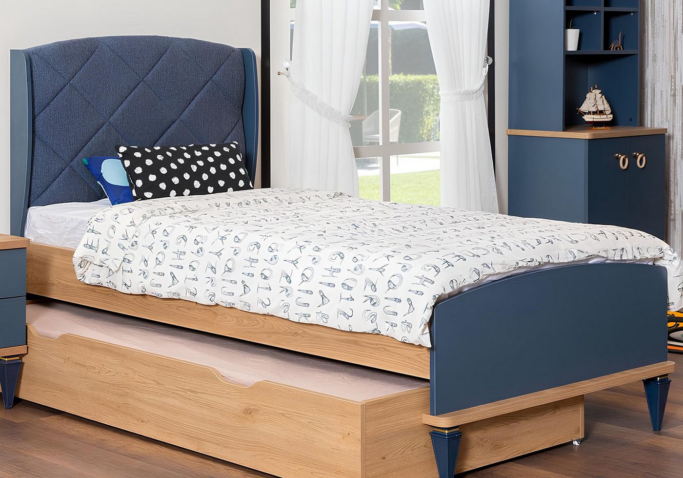 JVmoebel Kinderbett Blaues Polsterbett für Kinderzimmer – Designer Holzrahmen Möbel (1-tlg., Kinderbett), Made in Europa von JVmoebel