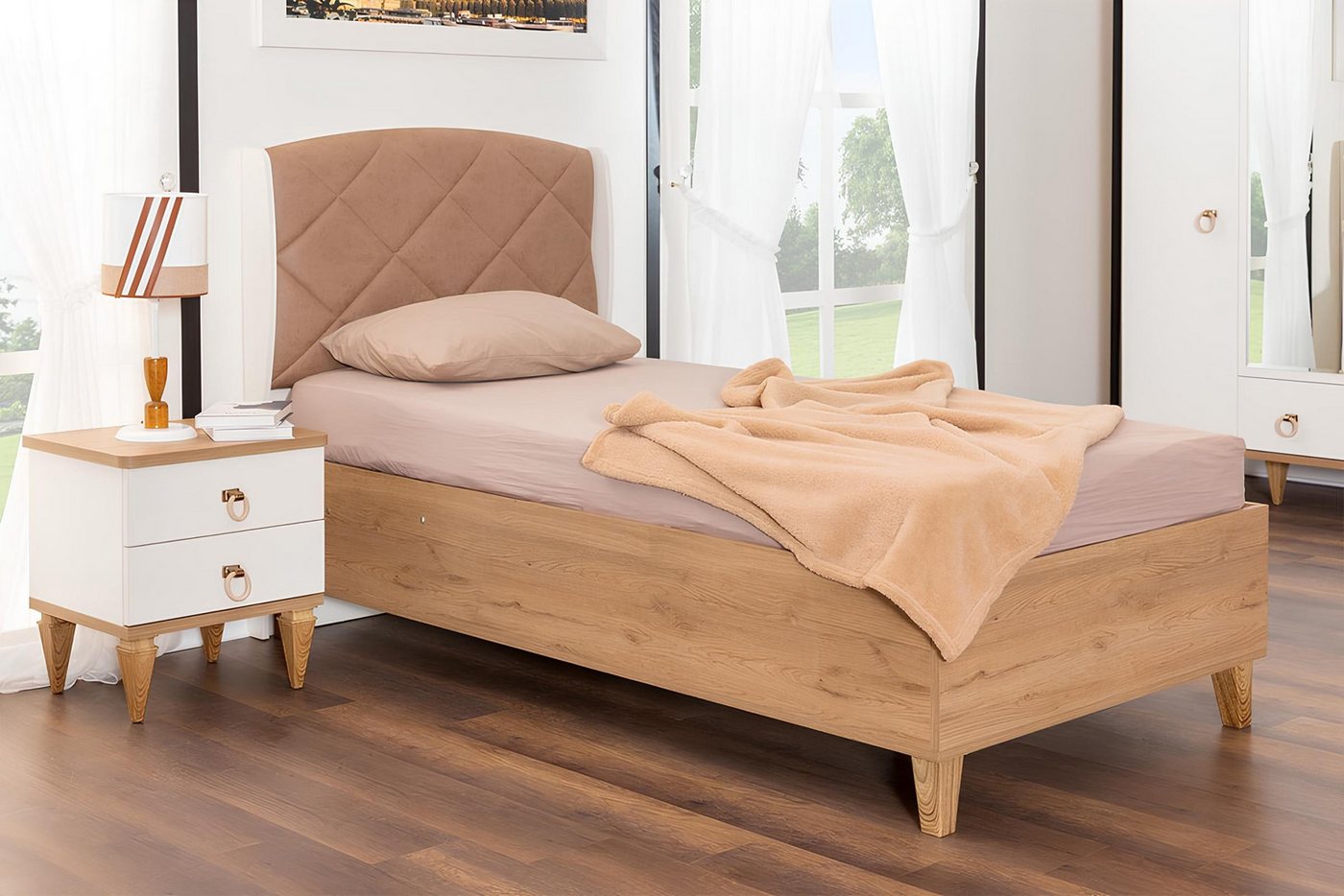 JVmoebel Kinderbett Braunes Kinderbett mit Polsterung – Ausziehbares Funktionsbett (1-tlg., Kinderbett), Made in Europa von JVmoebel