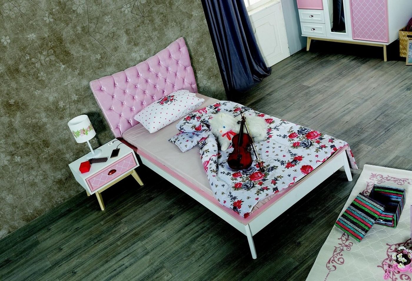 JVmoebel Kinderbett Kinderzimmer Luxus Bett Nachttisch Rosa Set Möbel Design 2tlg. Konsole (Bett/Nachttisch), Made In Europe von JVmoebel