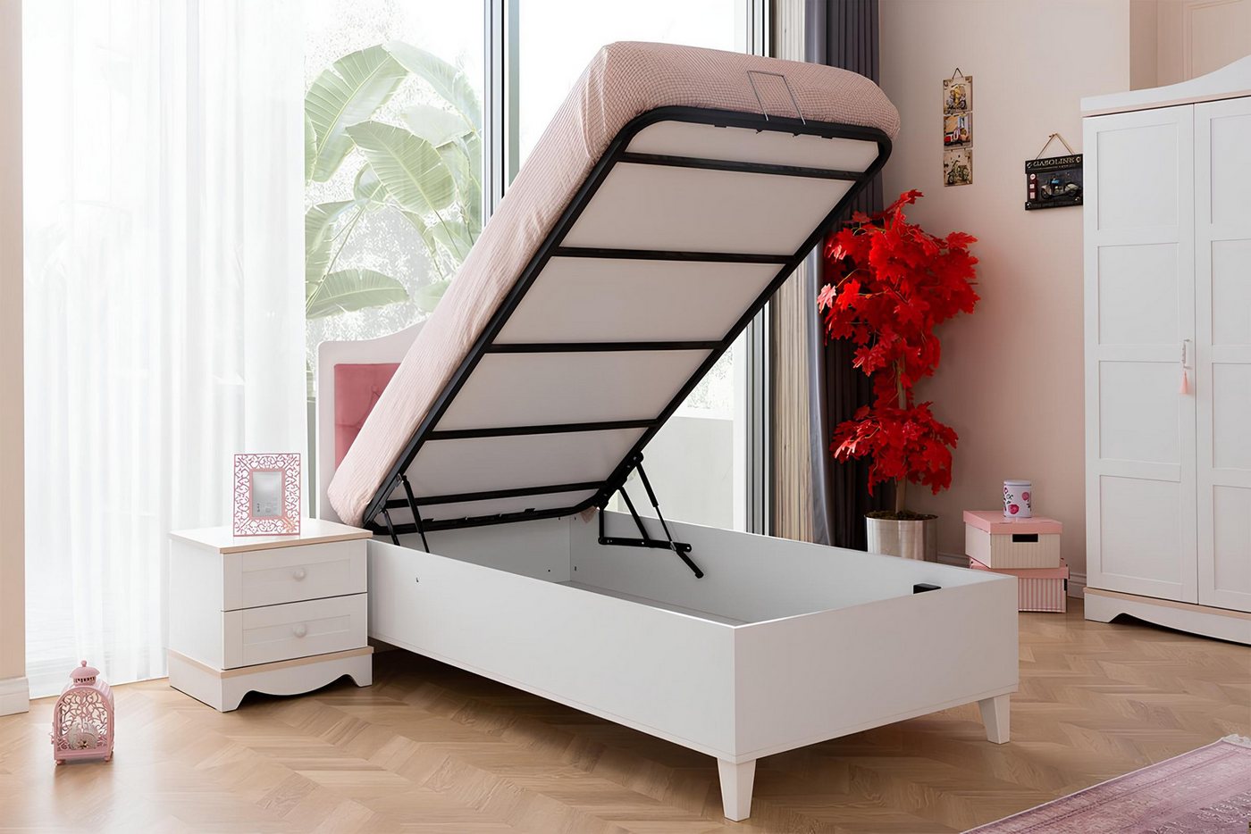 JVmoebel Kinderbett Stylisches Einzelbett für Kinderzimmer mit praktischem Stauraum (1-tlg., Kinderbett), Made in Europa von JVmoebel