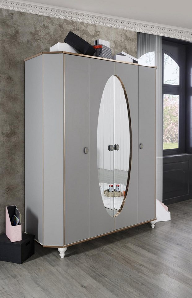 JVmoebel Kinderkleiderschrank Schlafzimmerschrank Holz mit Spiegel in Gold und Grau Made in Europa JVmoebel Kinderkleiderschrank Schlafzimmerschrank Holz mit Spiegel in Gold und Grau Made in Europa von JVmoebel