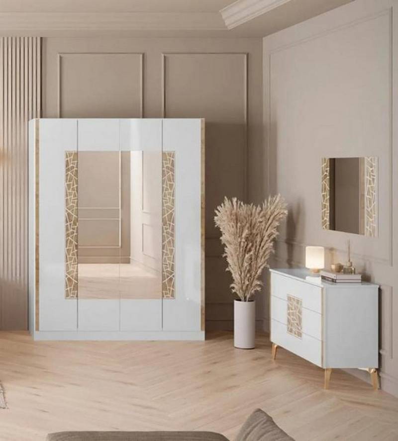 JVmoebel Schlafzimmer-Set Kleiderschrank Kommode Spiegel Weiß Gold Siebdruck Hochglanz, (3tlg. Schlafzimmer Set (Kommode + Spiegel + Kleiderschrank), Made in Europa von JVmoebel