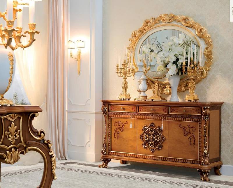 JVmoebel Kommode Anrichte Kommode Spiegel Sideboard Gold Holz Möbel Wohnzimmer Schrank (Set Kommode + Spiegel), Made in Europa von JVmoebel