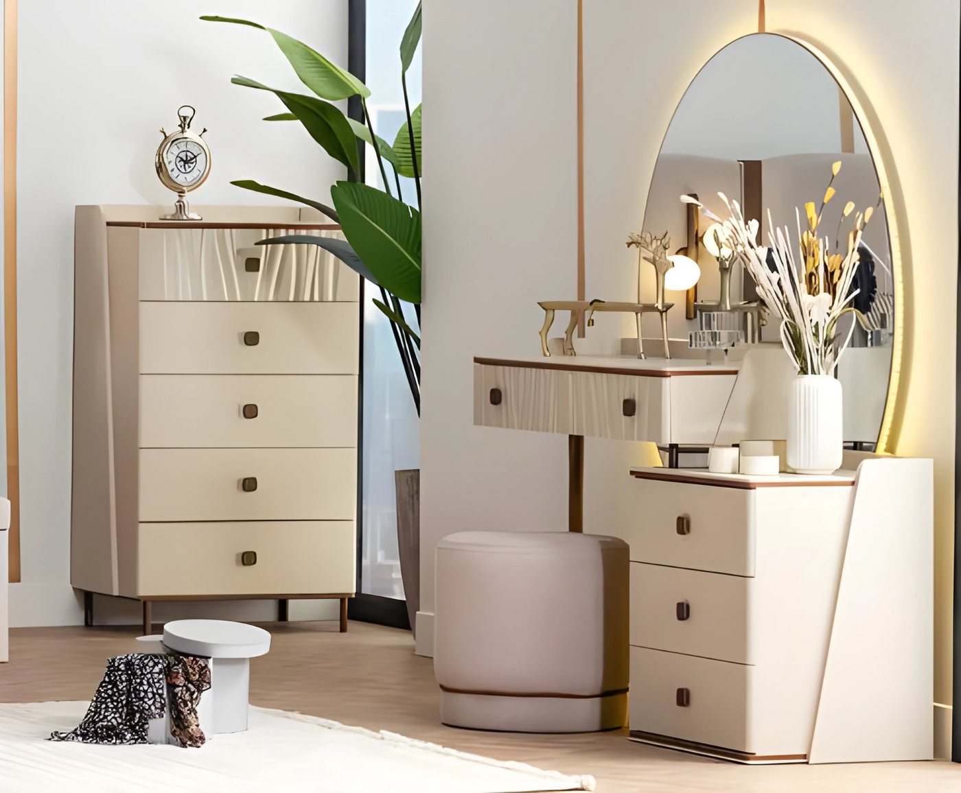 JVmoebel Kommode Beige Kommode Schminktisch Holz Konsole Frisiertisch mit Puff (Kommode, Schminktisch, Spiegel, Puff), Made in Europe von JVmoebel