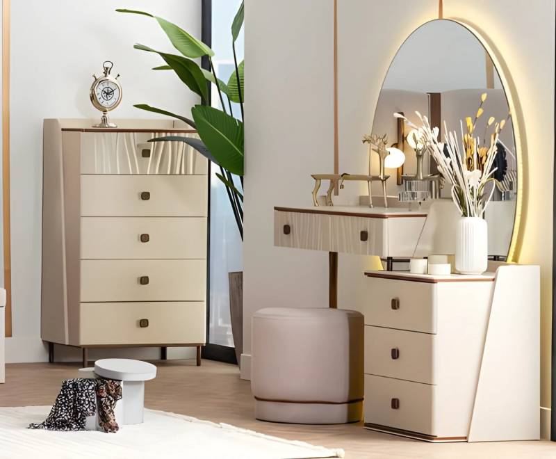 JVmoebel Kommode Beige Kommode Schminktisch Holz Konsole Frisiertisch mit Puff (Kommode, Schminktisch, Spiegel, Puff), Made in Europe von JVmoebel