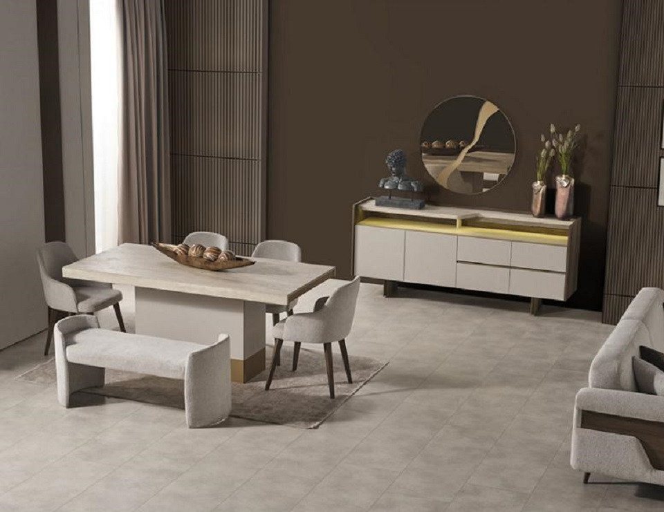 JVmoebel Essgruppe Esstisch-Set Speisegruppe Esszimmerkombination Esszimmerensemble, (8-tlg., ESSTISCH + 4X STÜHLE + SITZBANK + KOMMODE + SPIEGEL), Made in Europa von JVmoebel