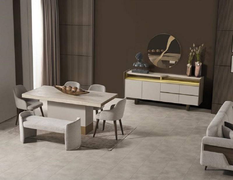 JVmoebel Essgruppe Esstisch-Set Speisegruppe Esszimmerkombination Esszimmerensemble, (8-tlg., ESSTISCH + 4X STÜHLE + SITZBANK + KOMMODE + SPIEGEL), Made in Europa von JVmoebel