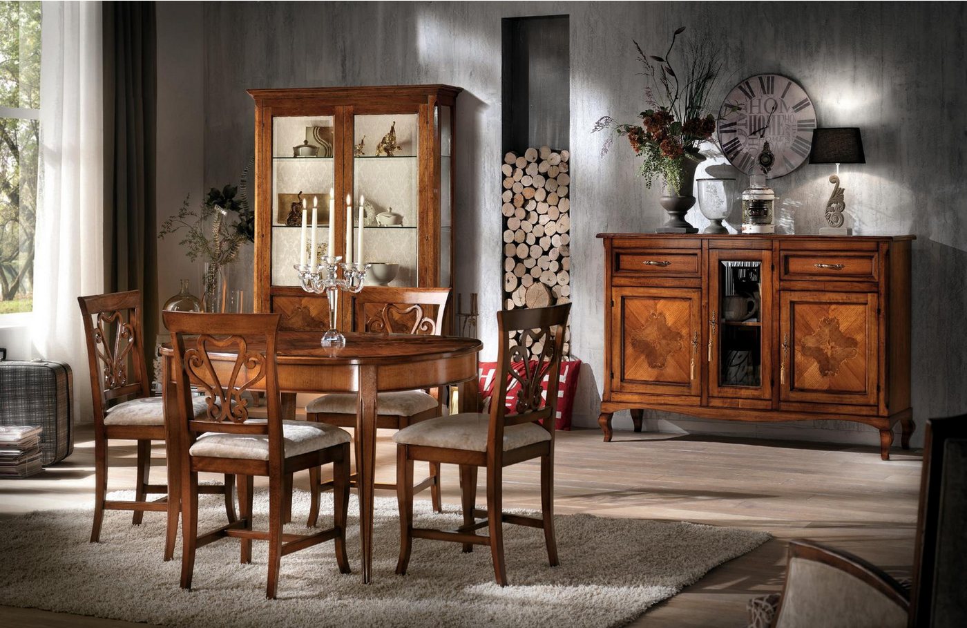 JVmoebel Kommode Esszimmer Set Garnitur Stühle 4x Vitrine Gruppe Essgruppe Vitrinen (7tlg Set (Esstisch + 4x Stuehle + Kommode + Vitrine), Made in Europa von JVmoebel