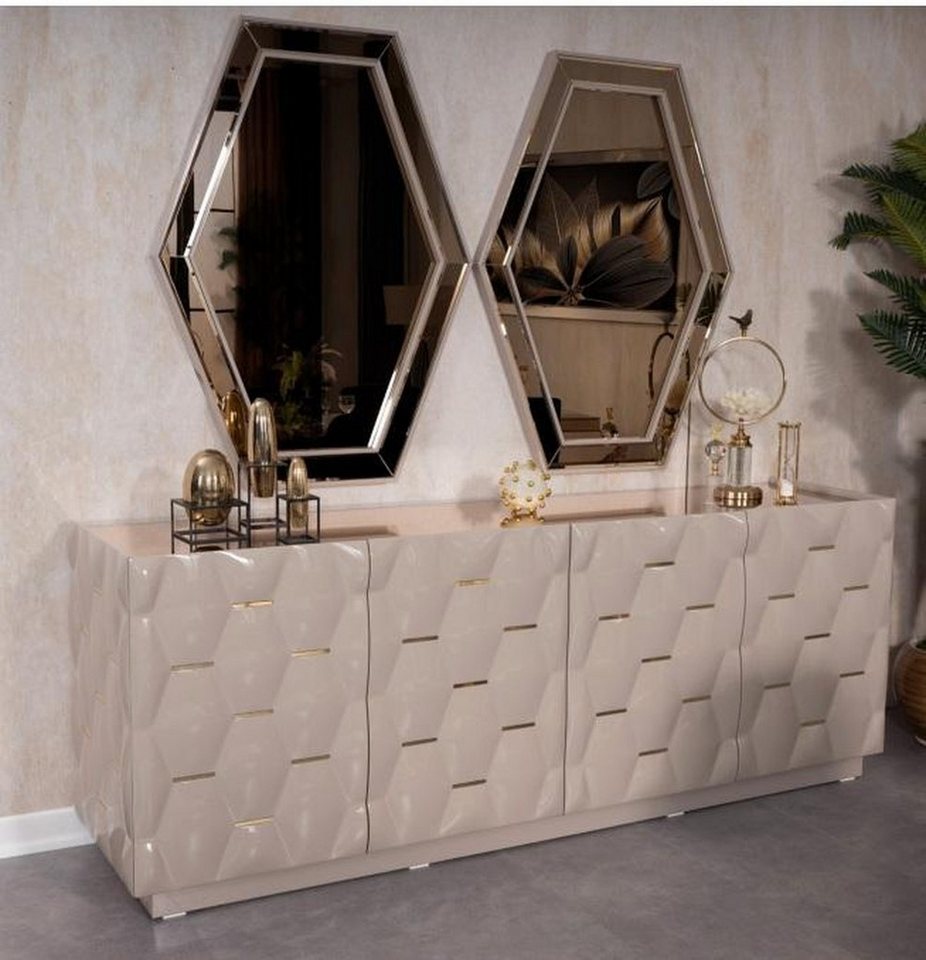JVmoebel Kommode Holz Sideboard mit Spiegel, 3-teiliges Massiv-Kommode für Wohnzimmer (Kommode + 2x Spiegel), Made in Europa von JVmoebel