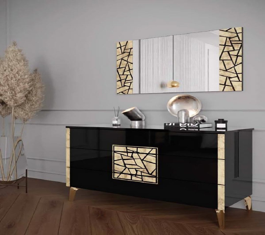 JVmoebel Kommode Kommode Spiegel Rechteckig Wohnzimmer Hochglanz Schwarz Gold Siebdruck (2 St., 2 tlg.SCHLAFZIMMER SET (KOMMODE+SPIEGEL), Made in Europa von JVmoebel