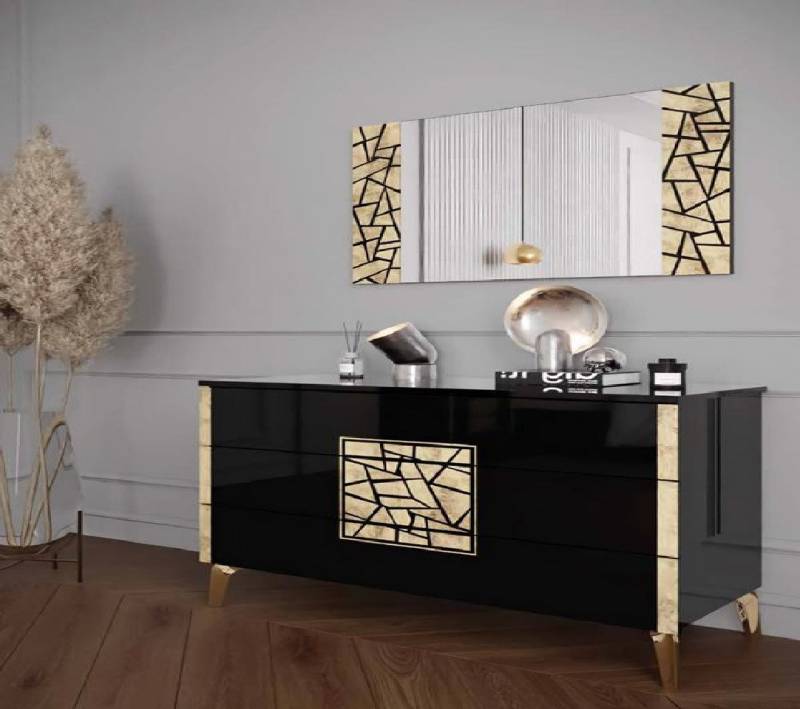 JVmoebel Kommode Kommode Spiegel Rechteckig Wohnzimmer Hochglanz Schwarz Gold Siebdruck (2 St., 2 tlg.SCHLAFZIMMER SET (KOMMODE+SPIEGEL), Made in Europa von JVmoebel