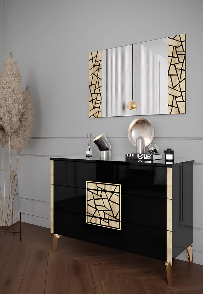 JVmoebel Kommode Spiegel Rechteckig Wohnzimmer Hochglanz Schwarz Gold Dekoration (Kommode + Spiegel), Made in Europa von JVmoebel