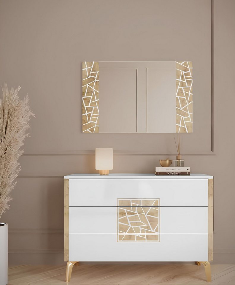 JVmoebel Kommode Spiegel Weiß Gold Siebdruck Hochglanz Deko Wohnzimmer Schlafzimmer (Kommode + Spiegel), Made in Europa von JVmoebel