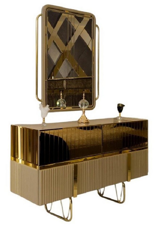 JVmoebel Kommode Luxus Verspiegelter Wandspiegel Gold Edelstahl Holz für Wohnzimmer (1 St., Kommode + Spiegel), Made in Europa von JVmoebel