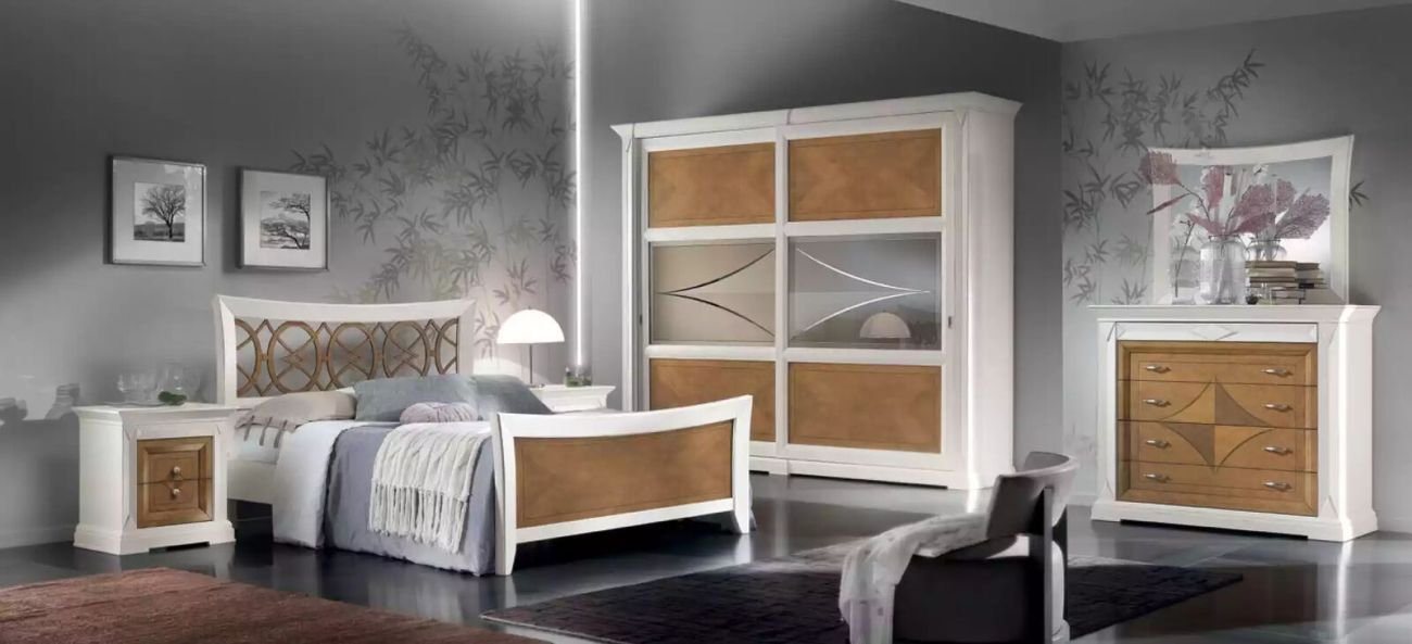 JVmoebel Komplettschlafzimmer Bett 2x Nachttische 6tlg Schlafzimmer Set Design Modern Luxus, (6-St., 1x Bett + 2x Nachttische + 1x Kommode + 1x Spiegel + 1x Kleiderschrank), Made in Italy von JVmoebel