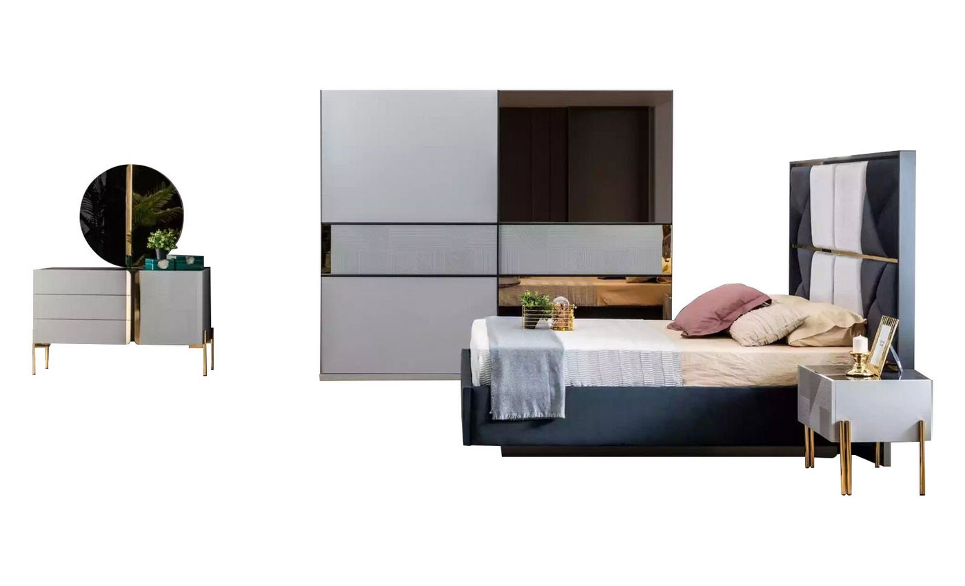 JVmoebel Komplettschlafzimmer Blau Weiß Schlafzimmer Set Bett Kommode Spiegel Kleiderschrank 6tlg., (6-St., 1x Bett + 2x Nachttische + 1x Kleiderschrank + 1x Spiegel + 1x Kommode), Made in Europa von JVmoebel