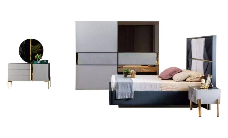 JVmoebel Komplettschlafzimmer Blau Weiß Schlafzimmer Set Bett Kommode Spiegel Kleiderschrank 6tlg., (6-tlg., 1x Bett + 2x Nachttische + 1x Kleiderschrank + 1x Spiegel + 1x Kommode), Made in Europa von JVmoebel