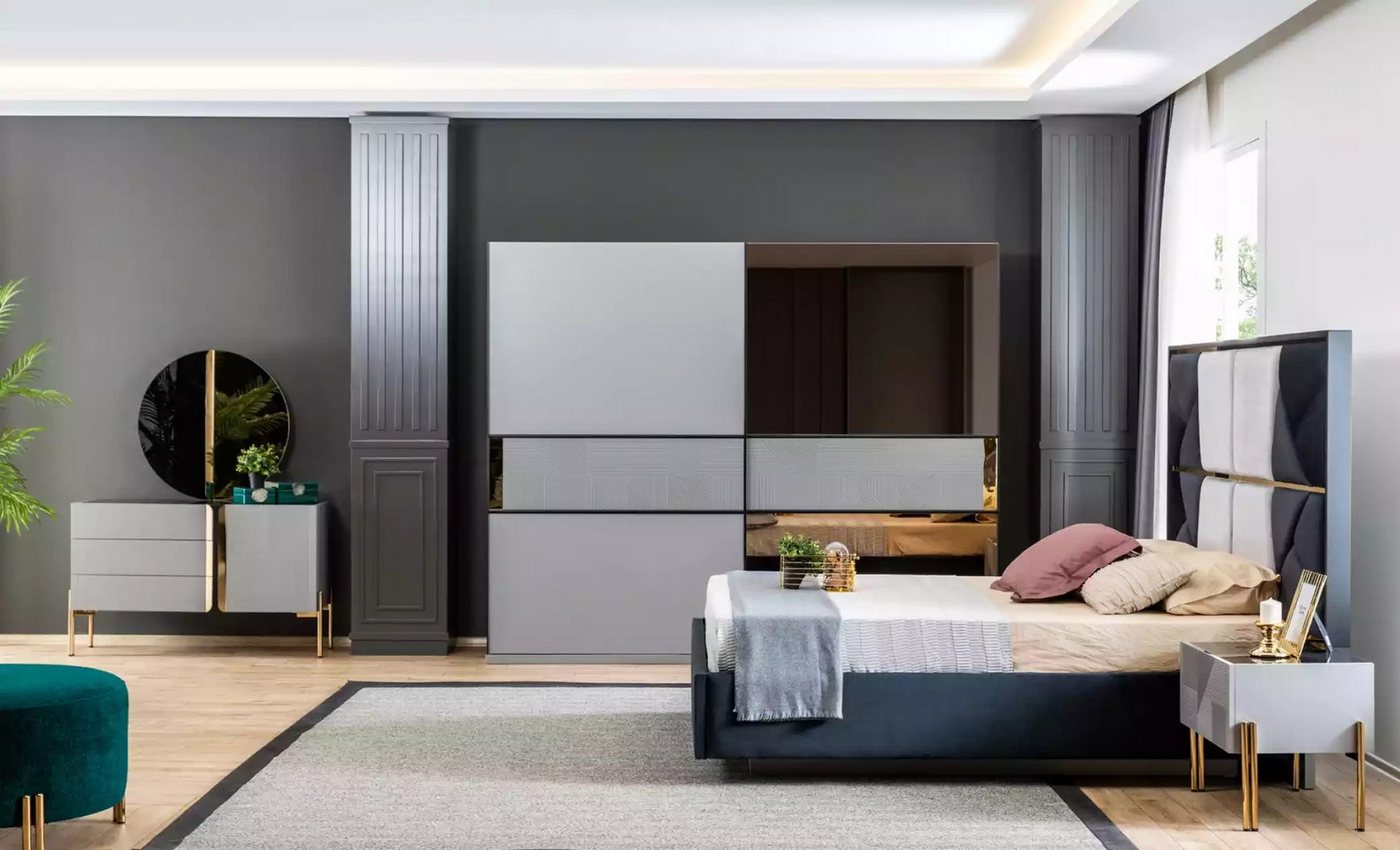 JVmoebel Komplettschlafzimmer Blau-Weiße Schlafzimmermöbel: Bett, Kommode, Spiegel, Schrank 6-tlg., (6-tlg., 1x Bett + 2x Nachttische + 1x Kleiderschrank + 1x Spiegel + 1x Kommode), Made in Europa von JVmoebel