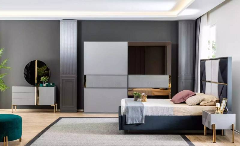 JVmoebel Komplettschlafzimmer Blau-Weiße Schlafzimmermöbel: Bett, Kommode, Spiegel, Schrank 6-tlg., (6-tlg., 1x Bett + 2x Nachttische + 1x Kleiderschrank + 1x Spiegel + 1x Kommode), Made in Europa von JVmoebel