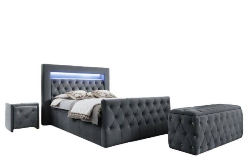 JVmoebel Komplettschlafzimmer Chesterfield Graues Schlafzimmer Set LED-Polsterbett Holz Nachttische, (4-tlg., Bett / 2x Nachttische / Hocker), Made in Europa von JVmoebel