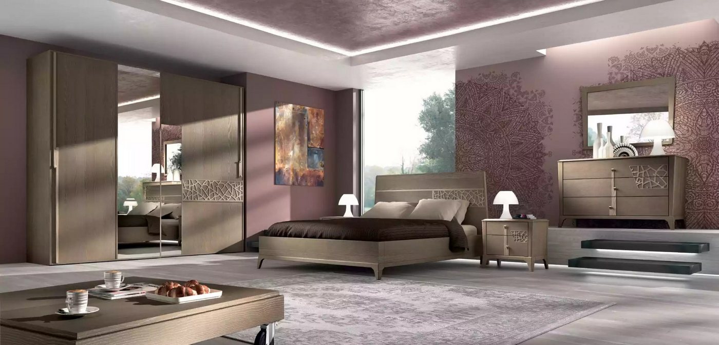 JVmoebel Komplettschlafzimmer Elegantes Schlafzimmer-Set mit Bett und 2 Nachttischen in Braun, (6-tlg., 1x Bett + 2x Nachttische + 1x Kommode + 1x Spiegel + 1x Kleiderschrank), Made in Europa von JVmoebel
