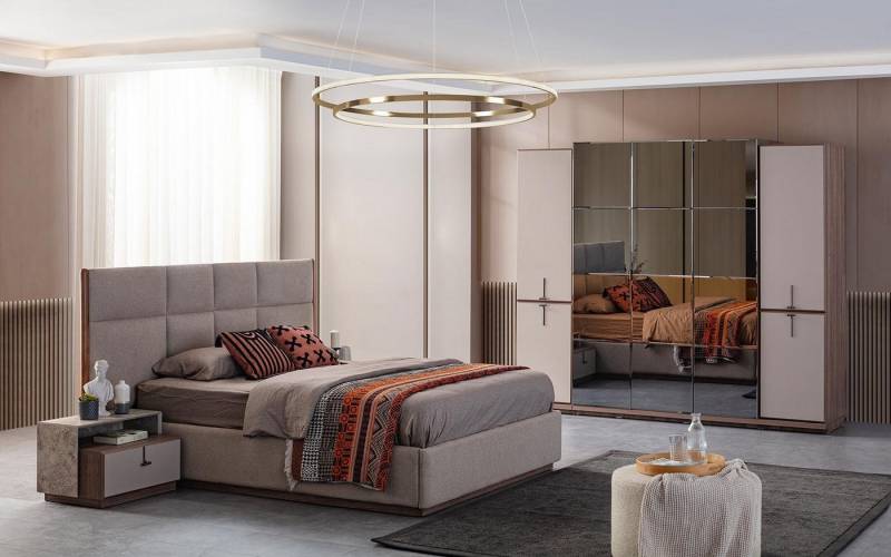 JVmoebel Komplettschlafzimmer Grau Bett Set mit Nachttischen und Schrank für Schlafzimmer, (4-tlg., 1x Bett+2x Nachttische+1x Kleiderschrank), Made in Europa von JVmoebel