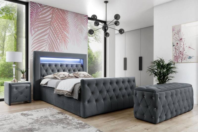 JVmoebel Komplettschlafzimmer Graues Schlafzimmer Set mit LED-Polsterbett und Nachttischen, (4-tlg., Bett / 2x Nachttische / Hocker), Made in Europa von JVmoebel