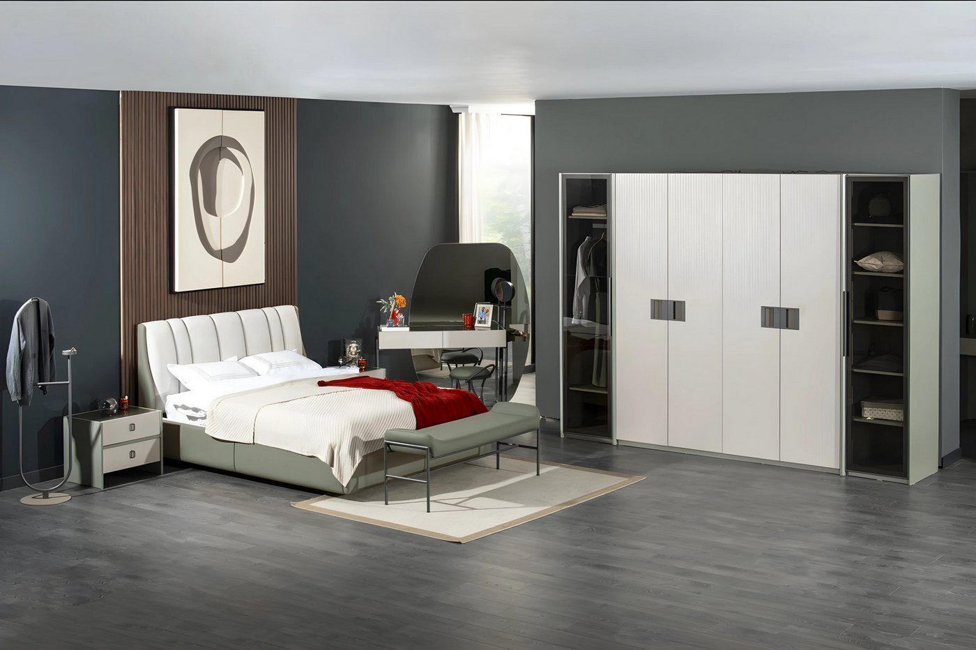 JVmoebel Komplettschlafzimmer Komplettes Schlafzimmermöbel Set 6tlg Weiß Holz Doppelbett Schrank, (6-tlg., Bett, 2xNachttische, Kleiderschrank, Bank, Schminkkonsole), Made in Europe von JVmoebel