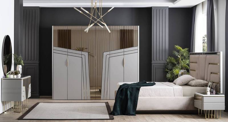 JVmoebel Komplettschlafzimmer Modern Schlafzimmer Set Bett 2x Nachttische Kleiderschrank 6tlg., (6-tlg., 1x Bett + 1x Kleiderschrank + 2x Nachttische + 1x Kommode + 1x Spiegel), Made in Europa von JVmoebel