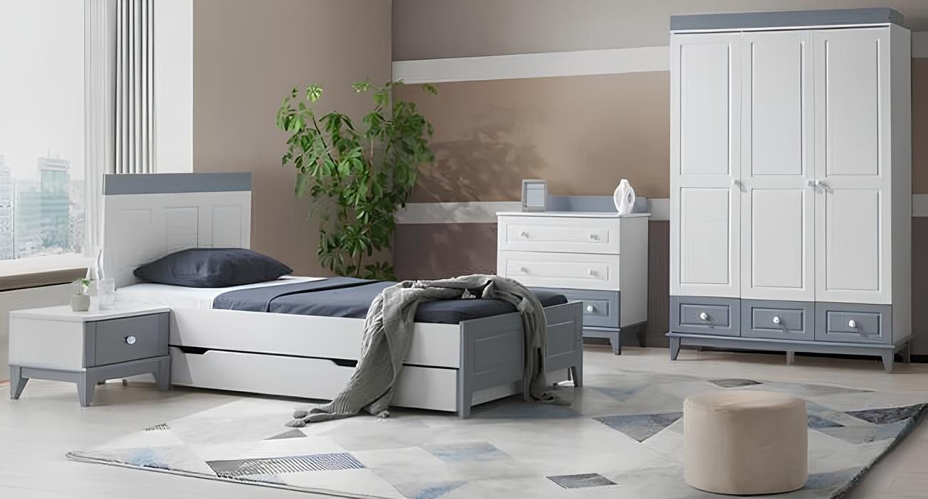 JVmoebel Kinderbett Modernes 5-teiliges Schlafzimmer Möbelset in Weiß aus Holz & Stoff (Bett, Schreibtisch, Kleiderschrank, Kommode, Nachttisch), Made in Europe von JVmoebel