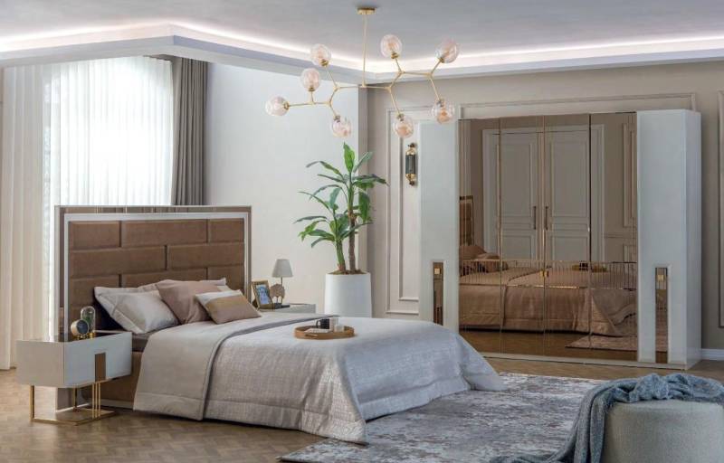 JVmoebel Komplettschlafzimmer Modernes Schlafzimmer Set mit Textilbett und 2 Holz-Nachtkonsolen, (4-tlg., Komplettschlafzimmer 4tlg Bett + 2x Nachttische + Kleiderschrank), Made in Europa von JVmoebel
