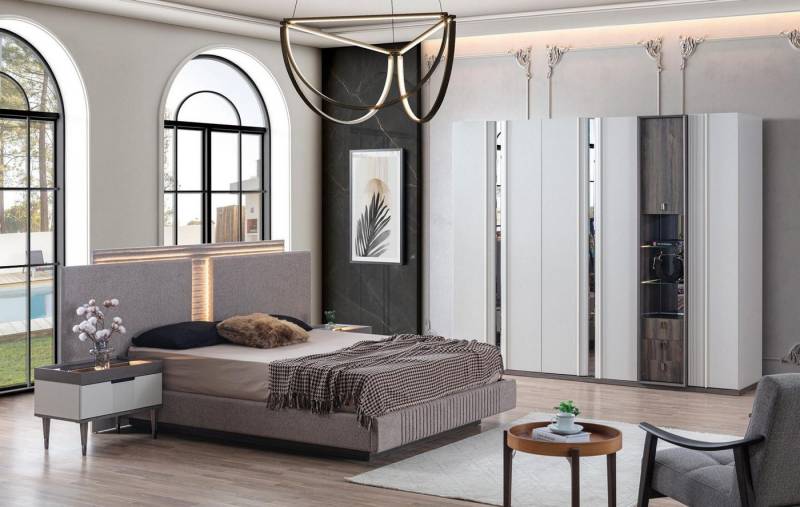 JVmoebel Schlafzimmer-Set Modernes Schlafzimmer Set: Bett, 2 Nachttische & Kleiderschrank, (4-tlg., 1x Bett + 2x Nachttische + 1x Kleiderschrank), Made in Europa von JVmoebel
