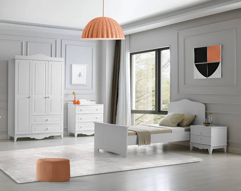 JVmoebel Schlafzimmer-Set Möbelset 4-teilig: Modernes Bett, Nachttisch, Kommode, Kleiderschrank, (4-tlg., Bett, Kleiderschrank, Kommode, Nachttisch), Made in Europe von JVmoebel