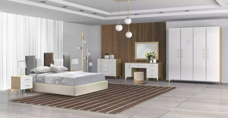 JVmoebel Komplettschlafzimmer Schlafzimmer Set Bett 2x Nachttisch Kommode 7tlg Neu Design, (7-tlg., Bett+2x Nachttische+Kleiderschrank+Kommode+Schminktisch+Spiegel), Made in Europa von JVmoebel