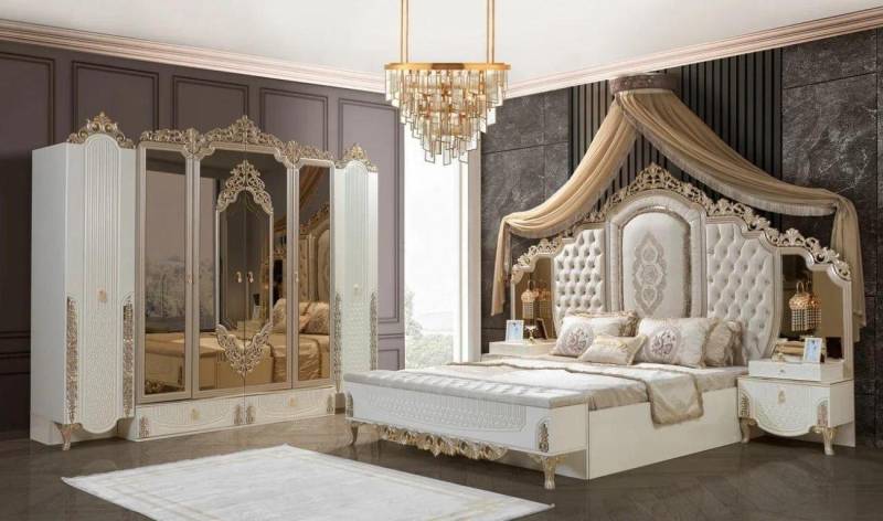 JVmoebel Komplettschlafzimmer Schlafzimmer Set Bett 2x Nachttische Hocker Luxus neu 5tlg Design, (5-tlg., 1x Bett + 1x Bank + 2x Nachttische + 1x Kleiderschrank), Made in Europa von JVmoebel