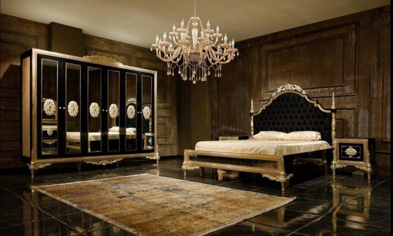JVmoebel Komplettschlafzimmer Schwarze Schlafzimmergarnitur Bett 2x Nachttische Kommode Schrank, (6-tlg., 1x Bett + 1x Kleiderschrank + 2x Nachttische + 1x Kommode + 1x Spiegel), Made in Europa von JVmoebel