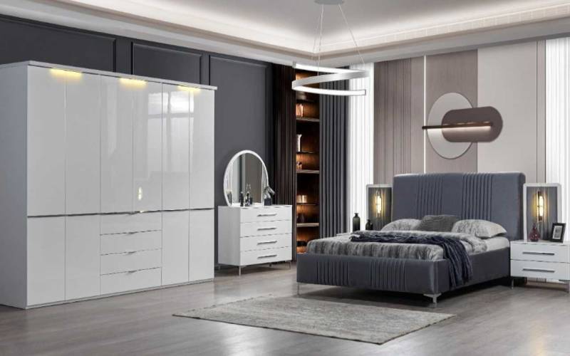 JVmoebel Schlafzimmer-Set Weiße Schlafzimmer Möbel Textilbett Großer Kleiderschrank Nachttische, (6-tlg., 1xBett+1xKleiederschrank+2xNachttisch+1xKommode+1xSpiegel), Made in Europa von JVmoebel