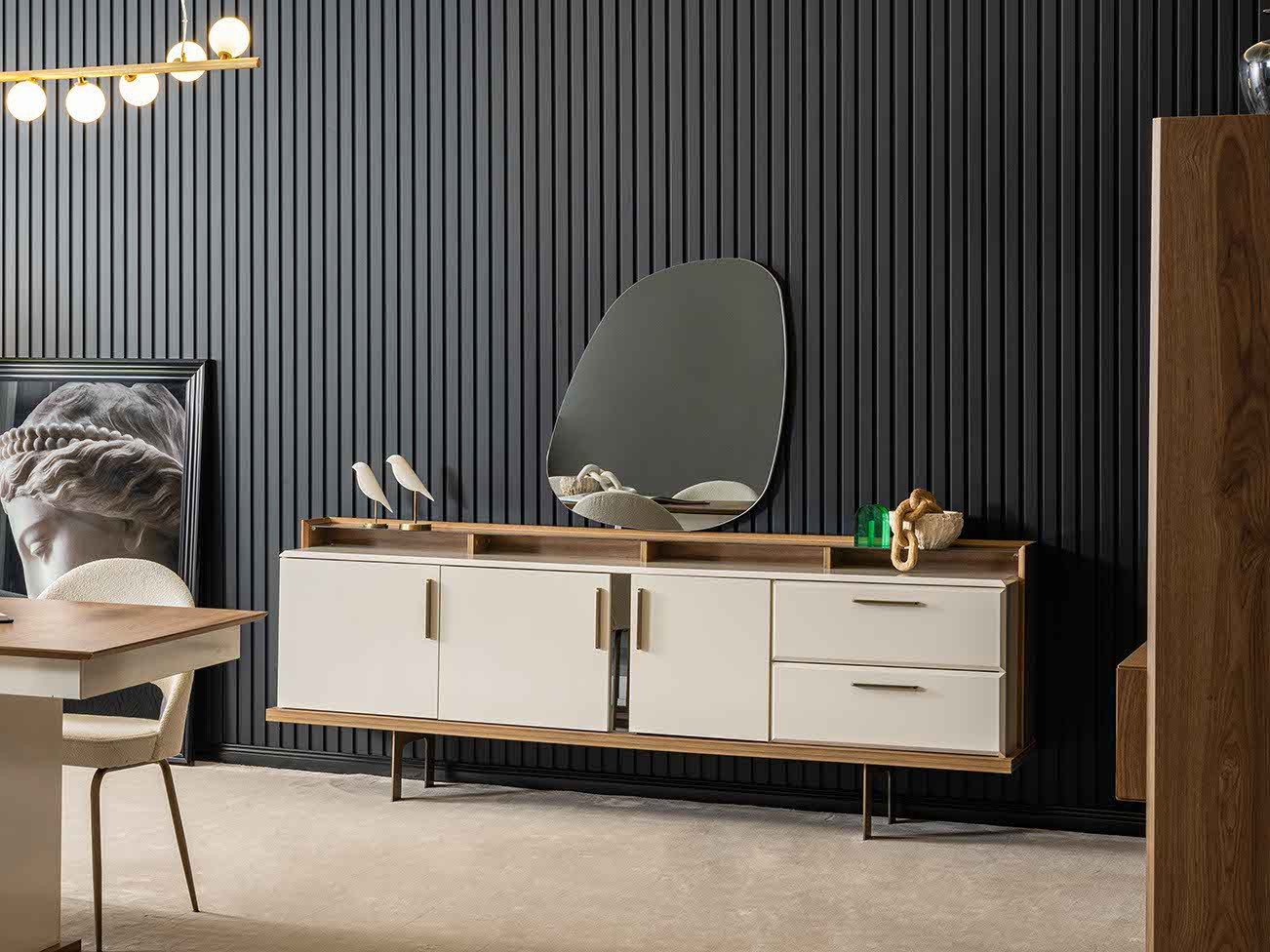 JVmoebel Konsole Braun-Beige Anrichte Designer Esszimmer Möbel Luxuriöser Spiegel 2tlg (2tlg Esszimmer Set (Anrichte + Spiegel), Made in Europa von JVmoebel