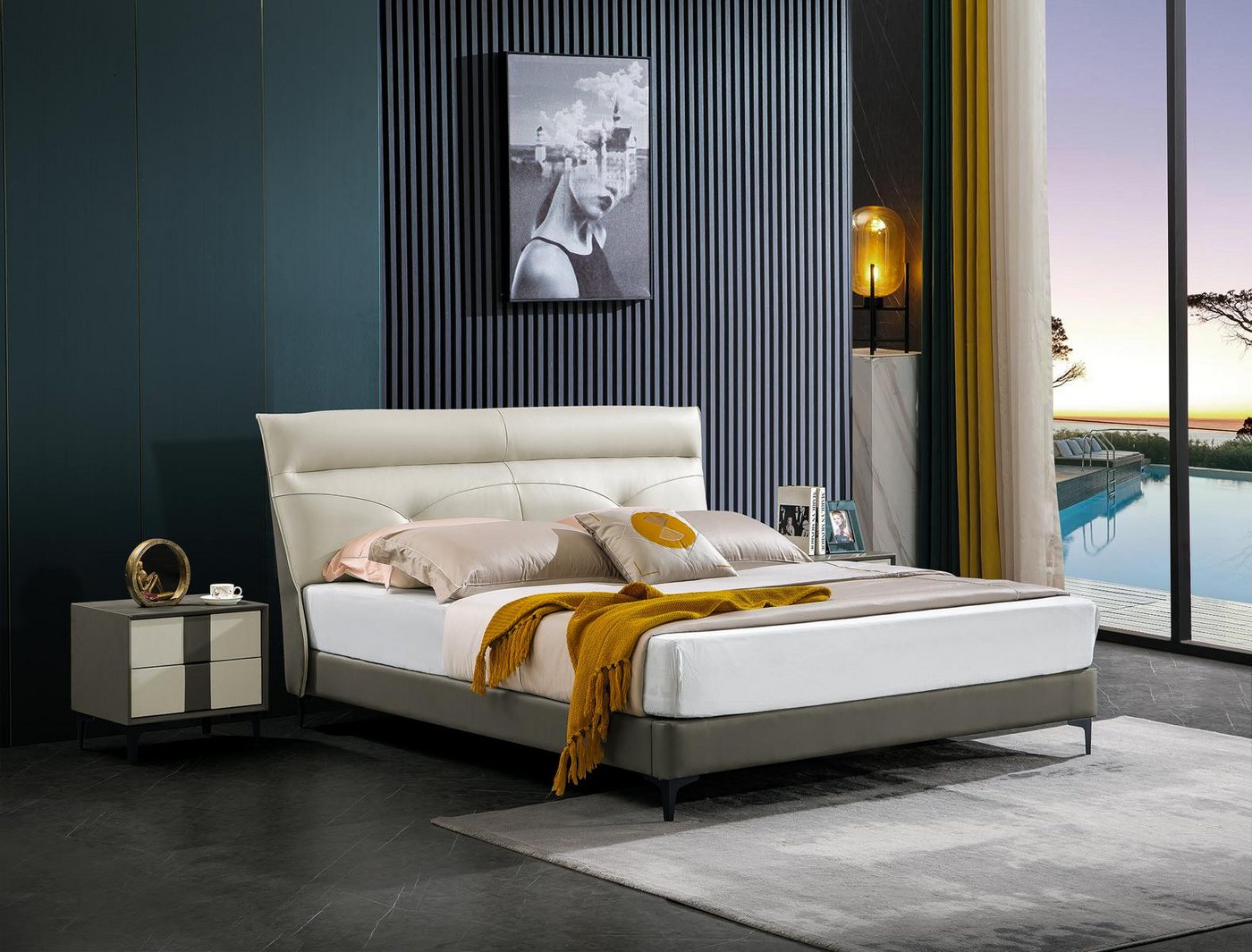 JVmoebel Lederbett Beige Doppelbett Polsterbett für Schlafzimmer Ehebett, Made in Europa von JVmoebel