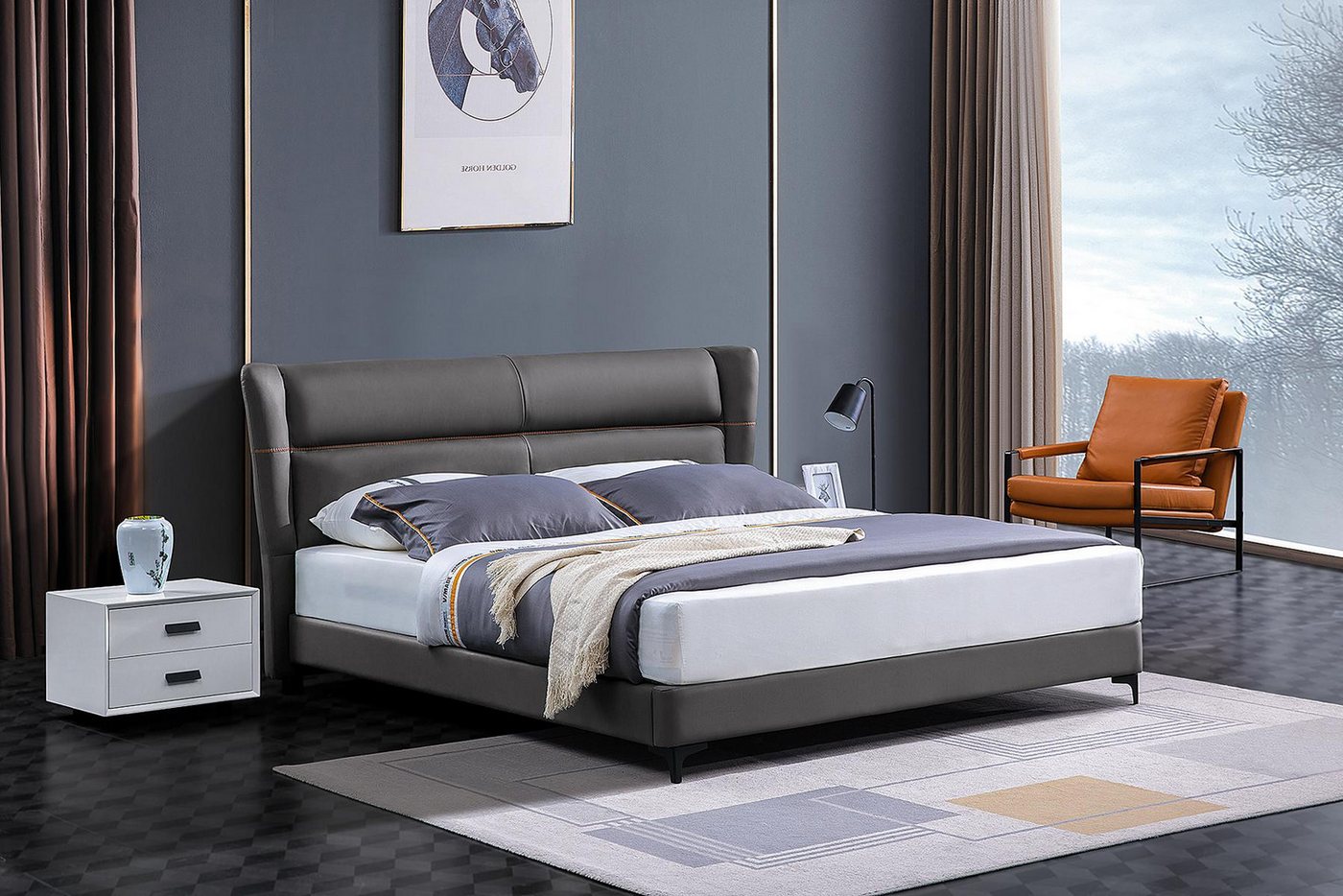 JVmoebel Lederbett Grau Polsterbett mit Bettkasten für das Schlafzimmer Doppelbett, Made in Europa von JVmoebel