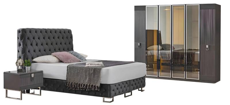 JVmoebel Schlafzimmer-Set Graue Schlafzimmer Garnitur Doppelbett 2x Nachttische Schrank 4tlg Set, (Set 4tlg Schlafzimmer (Bett + 2xNachttische + Kleiderschrank), Made in Europa von JVmoebel
