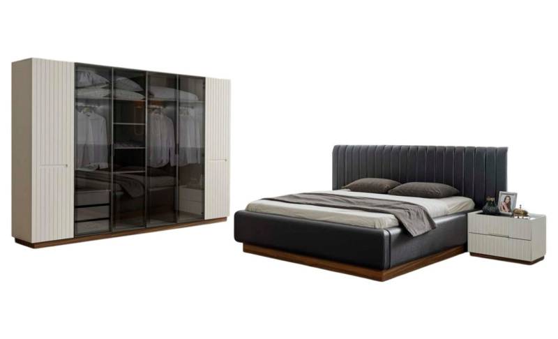 JVmoebel Schlafzimmer-Set Stilvolle Schlafzimmer Designer Garnitur Textil Doppelbett Edler, (4 tlg.Schlafzimmer Set (Bett + 2x Nachttische + Kleiderschrank), Made in Europa von JVmoebel