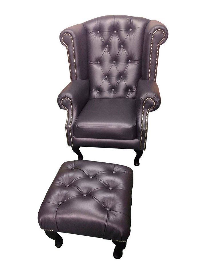 JVmoebel Ohrensessel, Luxus Ohrensessel und Hocker Chesterfield Sessel Leder Schwarz Modern von JVmoebel